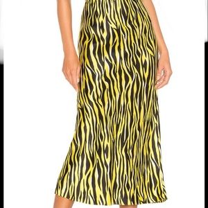 OLIVIA VON HALLE Yellow Black Zebra Stripe Animal Print Silk Midi Skirt